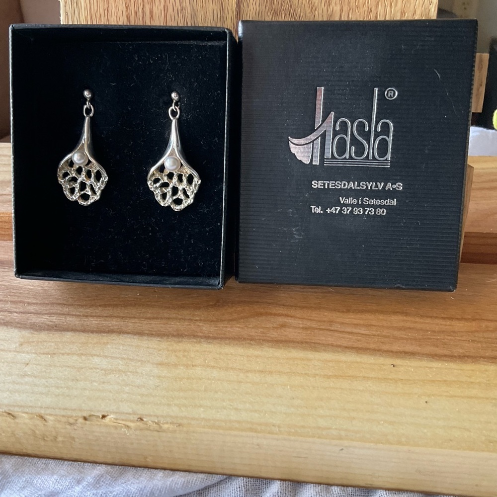 Handcrafted silver and pearl Norwegian earrings